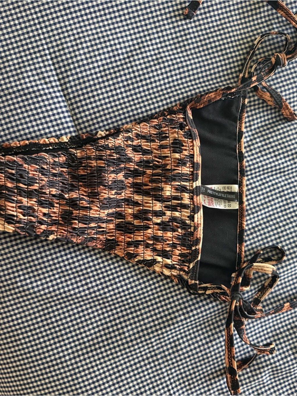 PrettyLittleThing Black and Brown Smocked Tie-Back Swim Camisole